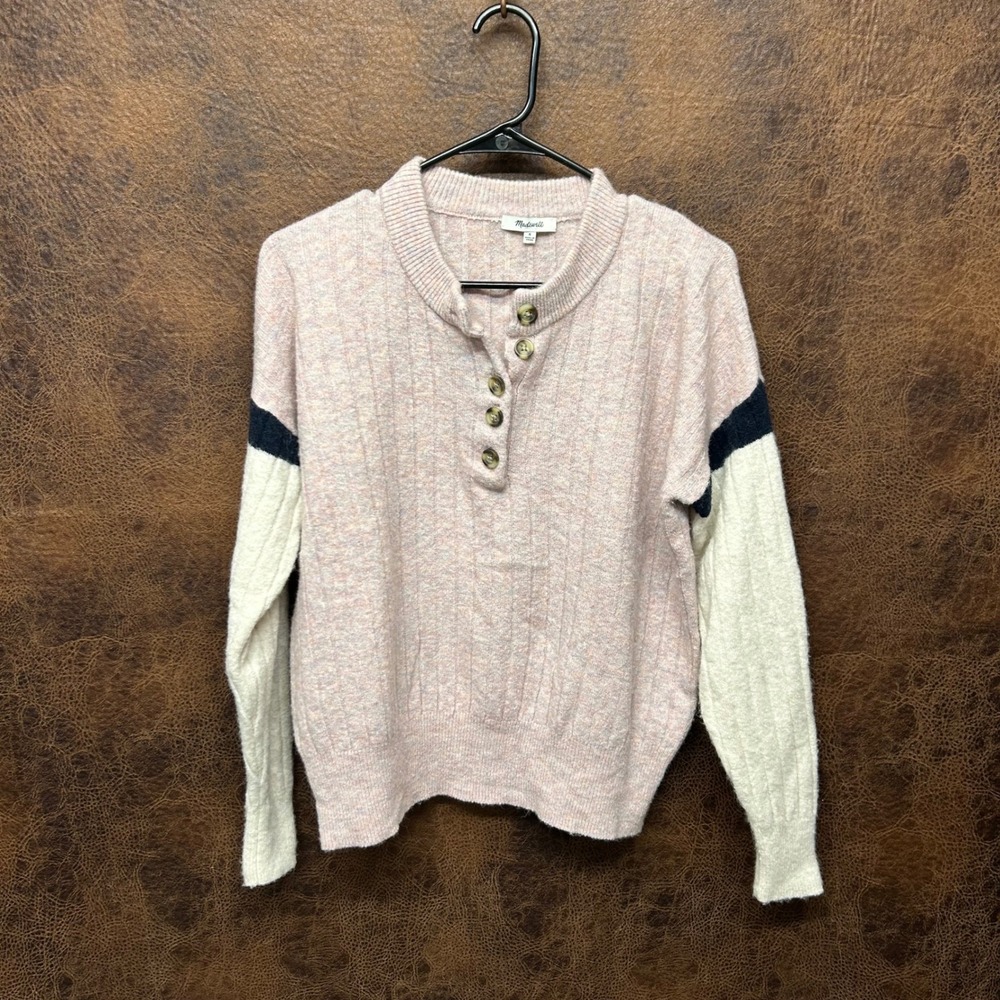 Madewell Oversized Small Pink Cream Navy Knit 5 Button Wool Alpaca Blend Sweater
